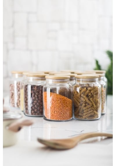 12 Li Set Bambu Kapaklı Cam Kavanoz & Erzak Saklama Kabı 800 Ml Orta Boy Vakum Kapak Diğer
