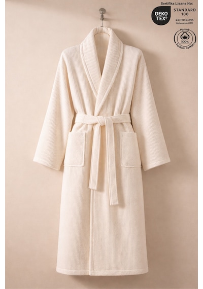 Çizgili Bornoz %100 Sertifikalı Pamuk Şal Yaka Unisex Banyo Bornoz / Sabahlık 340 Gr/m2 Krem Renk