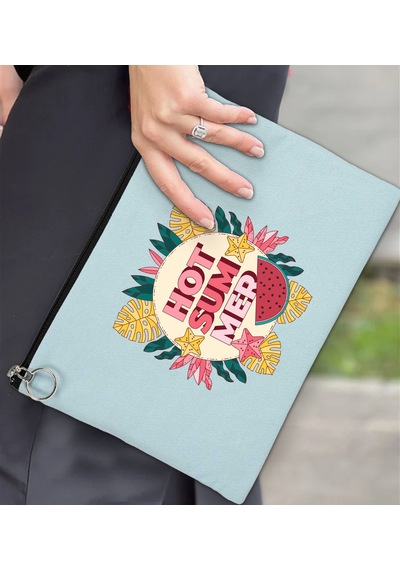 Bk Gift Yaz Temalı-8 Astarlı Açık Mavi Portföy Çanta 30x21cm, Baskılı El Çantası, Organizer Çanta
