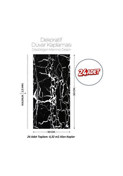 30x60 Cm Kendinden Yapışkanlı Duvar,banyo,tezgah Arası Siyah Mermer Desen-24 Adet 7006-24