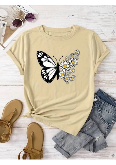 Kadın Pamuklu Ön Baskılı Papatya Kelebek Tasarım Tshirt Bej