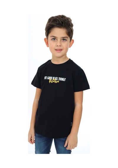 Toontoy Kids Toontoy Erkek Çocuk Baskılı Bisiklet Yaka Kısa Kollu Tişört Siyah