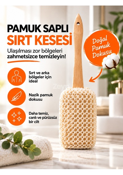 Hanex Pamuk Saplı Sırt Kesesi, Uzun Saplı Banyo Duş Kesesi, Sırt Ve Vücut Temizleme Peeling Kesesi