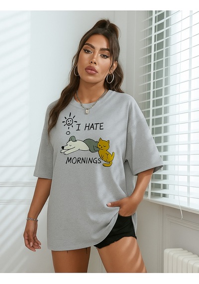 Kedi Baskılı Unisex Tişört Gri