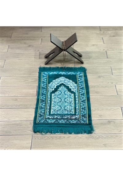 Kadife Çocuk Seccadesi - Yeşil 38x80 Cm - 180 Gr - Tesbih Hediyeli Çok Renkli