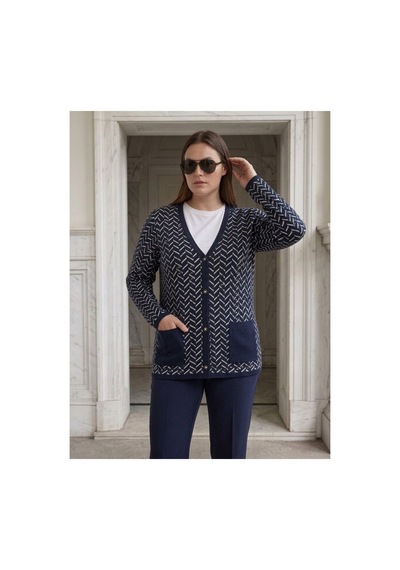 Onno Style Women Klasik Triko Düğmeli Ceket Lacivert-Beyaz