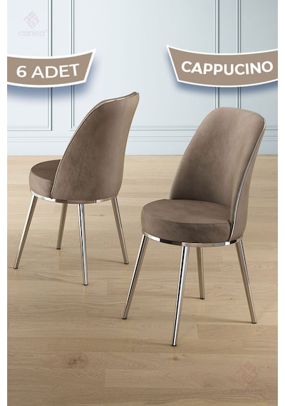 Canisa Pefa Serisi 6 Adet Cappucino Mutfak Sandalyesi Krom Kaplama Metal Ayak 1. Sınıf Babyface Kumaş Krom Ayak Cappucino Sandalye