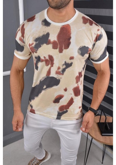 Mcz Giyim Bej Renk Bisiklet Yaka Slim Fit Erkek T-shirt