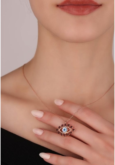 Opal Taşlı Ve Mine İşlemeli Gümüş Göz Kolye Rose Gold