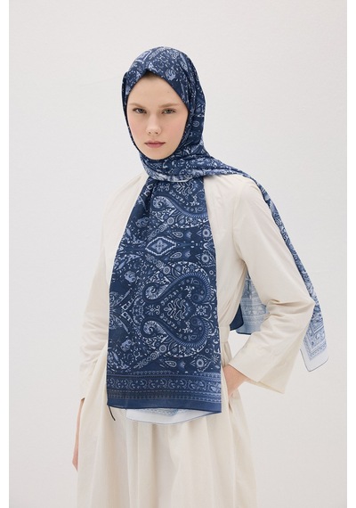 Mirsoy Scarf Eftelya Pamuk Etnik Desen Şal Lacivert