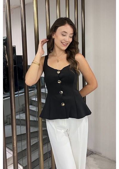By Saygı Kadın Kalın Askılı Gold Düğmeli Eteği Volanlı Likralı Dalgıç Bluz Siyah By Saygı Kadın Kalın Askılı Gold Düğmeli Eteği Volanlı Likralı Dalgıç Bluz Siyah