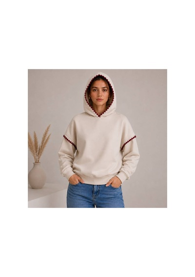 Herkesemoda Yaka Ve Kol Nakış Detaylı Kapüşonlu 2 İplik Şardonlu Sweatshirt Bej-bordo Herkesemoda Yaka Ve Kol Nakış Detaylı Kapüşonlu 2 İplik Şardonlu Sweatshirt Bej-bordo