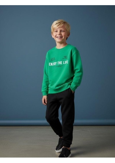 Zekids Erkek Çocuk Yumuşak Dokulu Enjoy The Life Yazılı Eşofman Takım-16615 Yeşil