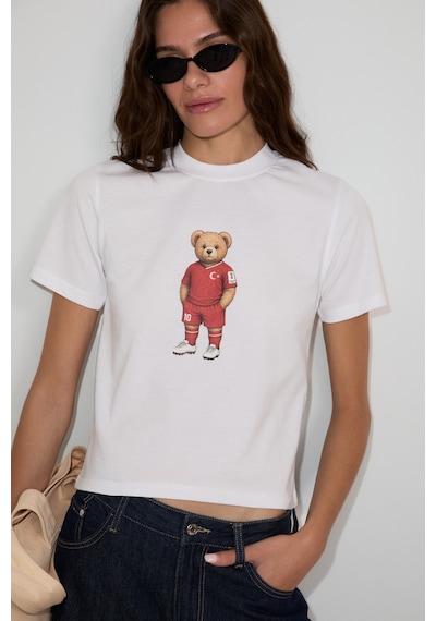 Grımelange Umayana Kadın Yumuşak Ve %100 Organik Pamuklu Dünya Kupasına Özel Baskılı Beyaz T-shirt