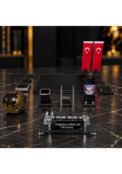 Ofis Prestij 13 Parça Gold Dünya Küreli Kristal Kişiye Özel İsimlik Ve Sümen Seti Siyah
