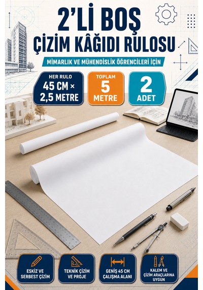 Haydi Dekor 2 Li Boş Çizim Kağıdı Rulosu 45 Cm 2,5 Metre Toplam 5 Metre Mimarlık, Mühendislik, Eskiz, Teknik Çizim Ve Proje Kağıdı