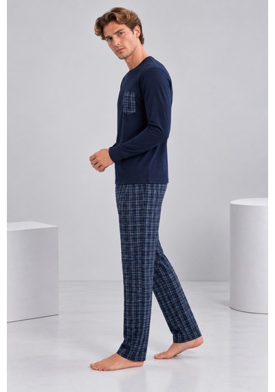 Pijamask Erkek Lacivert Ekose Pantolonlu Cepli Uzun Kollu Pijama Takımı Lacivert