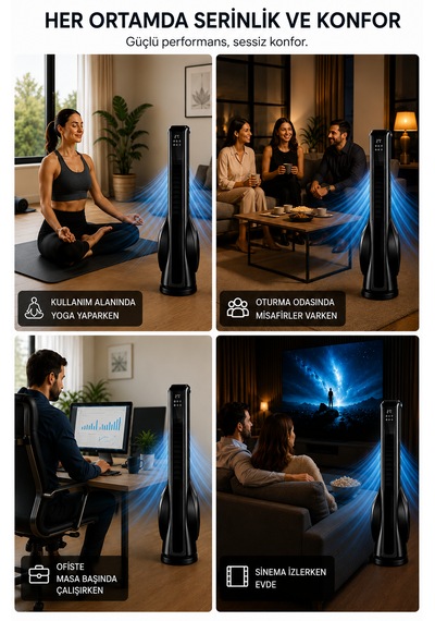 Turbo Kule Tipi Fan 33 İnç 70w Uzaktan Kumandalı Sessiz Dokunmatik Vantilatör Aromaterapi