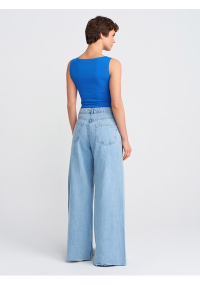 Dilvin 71787 Paçası Dikişsiz Geniş Denim Pantolon-mavi Mavi
