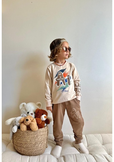 Jolly Kids Erkek Çocuk Yazı Baskılı Sweatshirt Takım Kahverengi
