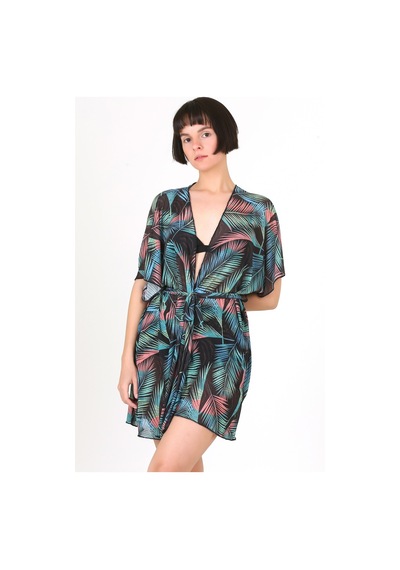 Pareo Plaj Elbisesi Kimono Std Yazlık Oversize Tül Gömlek Kemerli Elbise Leaf Siyah