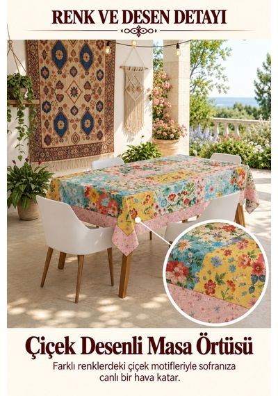 Vivanni Home Yıkanabilir Dikdörtgen Masa Örtüsü Günlük Kullanıma Uygun Pratik Ve Uzun Ömürlü Rengarenk Çiçekli