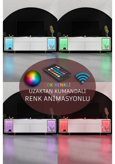 Zenith Gold Demir Ayaklı Rgb Led Işık Sistemli Beyaz Tv Ünitesi Tv Sehpası Beyaz - Altın Zenith Gold Demir Ayaklı Rgb Led Işık Sistemli Beyaz Tv Ünitesi Tv Sehpası Beyaz - Altın