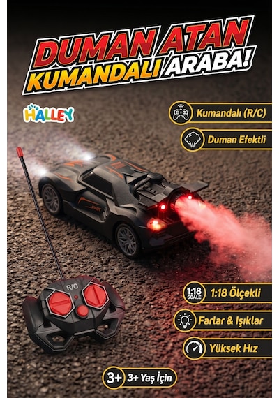 Duman Atan Kumandalı Araba 1:18 Ölçekli Yarış Arabası Işıklı R/c Oyuncak Siyah Turuncu