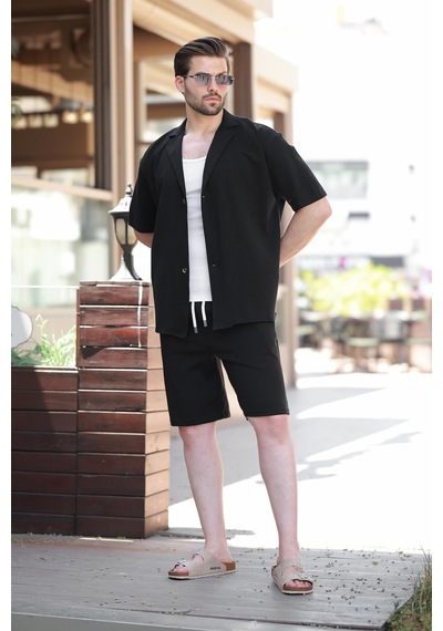 Madmext Siyah Basic Erkek Şort Gömlek Takım E7311