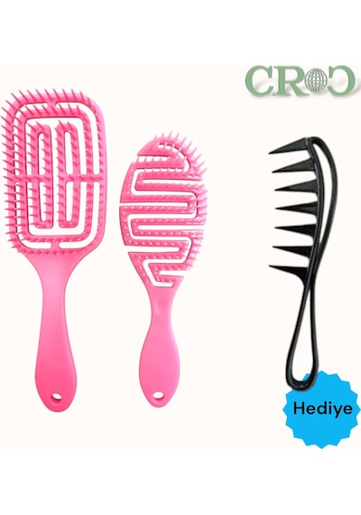 Croc Saç Fırçası Seti 2li Pembe - Saç Açıcı Fırça, 3d Detangler Brush - Tarak Hediyeli