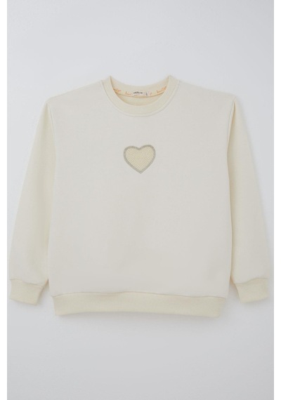 Breeze Kız Çocuk Sweatshirt Işıltılı Kalp Masalı İnci İşlemeli 9-14 Yaş, Krem Krem