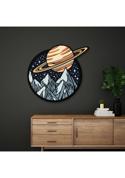Satürn Ve Dağlar Rozeti - Metal Tablo - Dec0191 40 X 38 Cm Çok Renkli