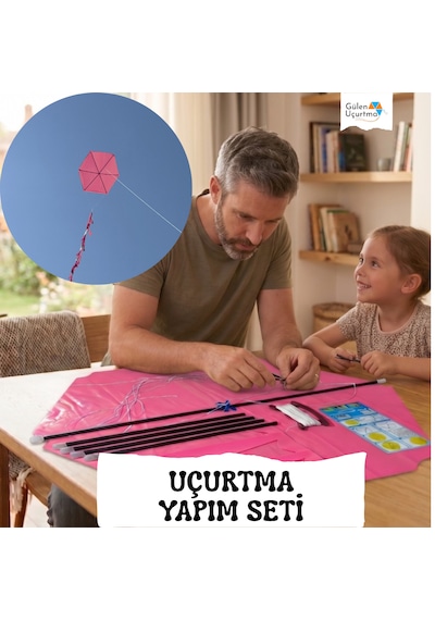 Uçurtma Yapım Seti / Naylon Altıgen / Plastik Çıtalı / Pembe