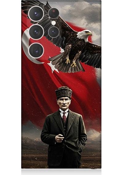Samsung Galaxy S23 Ultra Uyumlu Bayrak Önünde Mustafa Kemal Atatürk Desenli Silikon Kılıf Çok Renkli