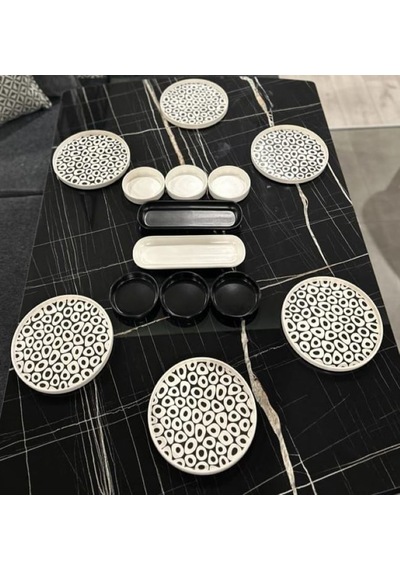 Keramika 14 Parça 6 Kişilik Kahvaltı Takımı Black White Beyaz - Siyah