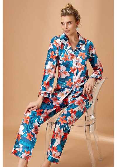 Nurteks 5654x Kadın Büyük Beden Saten Önden Düğmeli Uzun Kollu Pijama Takımı-yeşil YESIL