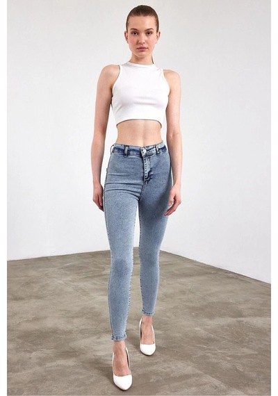 Kar Yıkama Yüksek Bel Skinny Fit Jean Likralı Önü Cepsiz Tayt Pantolon Kar Yıkama
