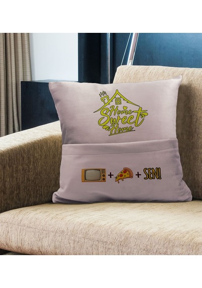 Bk Gift Eğlenceli Tasarımlı Organizer Kumanda Ve Atıştırmalık Cepli Pembe Kırlent Yastık- 8, Ev Dekoru, Ev Hediyesi Sarı