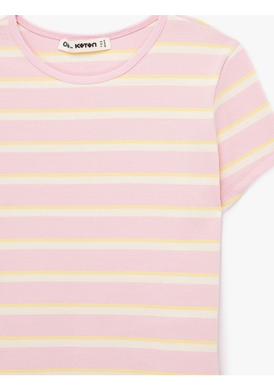 Koton Çizgili Pamuklu Bisiklet Yaka Kısa Kollu Slim Fit Tişört Sarı Çizgili 6sal10537ık