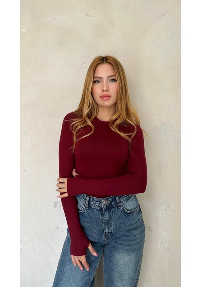 Kadın Bordo Likralı Uzun Kollu Basic Body Fit Kalıp, Esnek Ve Yumuşak Dokulu Bordo