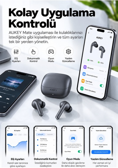 Aukey Ep-b2-gy Hibrit Anc 10 Mm 4 Mikrofon Kablosuz Kulak İçi Kulaklık - Gri