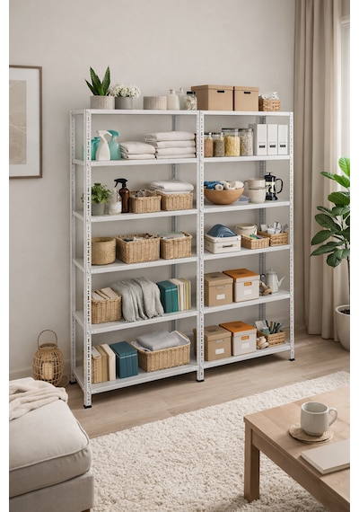 6 Katlı Duble 2'li Galvaniz Çelik Raf Depo, Arşiv, Kiler, Dosya, Market Rafı 43x60x200cm Gri