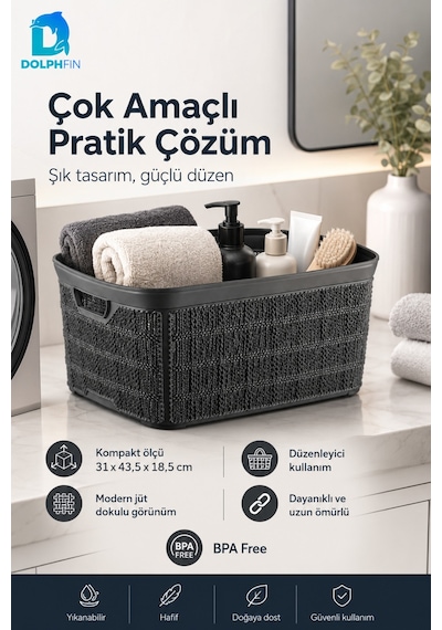 Jute Çok Amaçlı Kutu 18 L Plastik Mutfak Banyo Dolap İçi Düzenleyici Siyah
