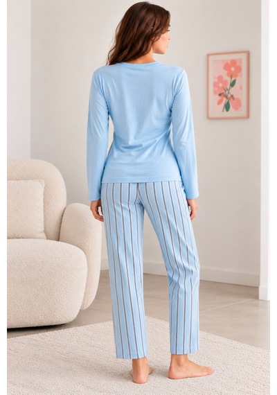 Nisanca Kadın Premium Modal Penye Pijama Takımı %100 Pamuk Soft Yumuşak Dokulu Uzun Kollu Baskılı Desenli Alt Üst 2'li mavi