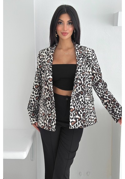 Femelle Gri Leopar Desenli Blazer Ceket Vatkalı İçi Astarlı