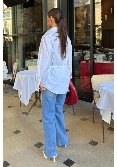 Seeh Beyaz Kemer Detaylı Oversize Kadın Gömlek Sh366 Basic