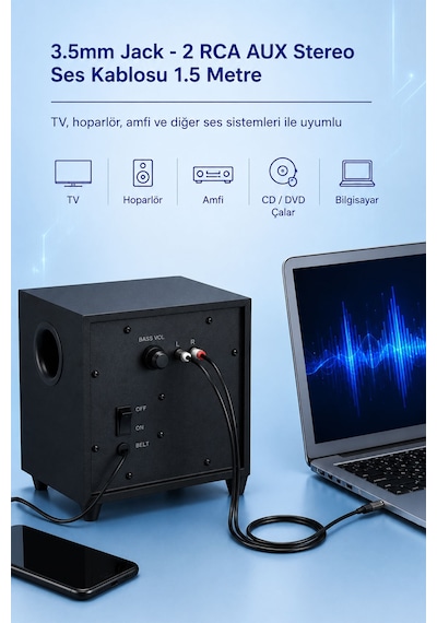 3.5mm Jack - 2 Rca Aux Stereo Ses Kablosu 5 Metre, Tv Hoparlör Amfi Ses Sistemi Uyumlu, Kalaylı Bakır İletken, Altın Kaplama Uç, Pvc Kaplama, Parazit Azaltıcı Dayanıklı Kablo A120ı