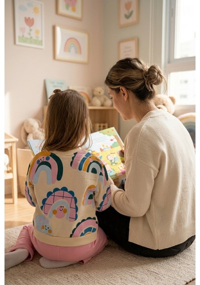 Ahengim Kız Çocuk Gökkuşağı Desenli Sweatshirt 2 Li Alt Üst Takım Ak15636 Pembe