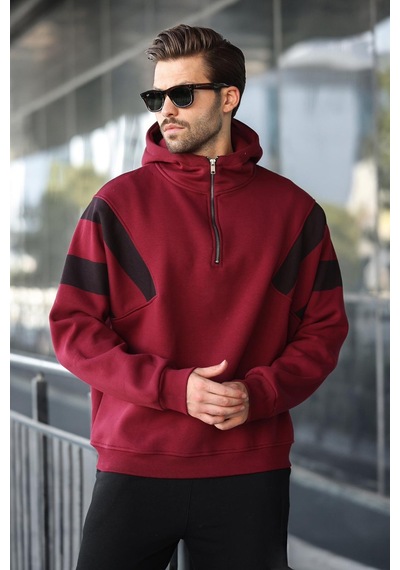 Madmext Bordo Fermuarlı Yaka Kapüşonlu Erkek Sweatshirt E7161 Bordo