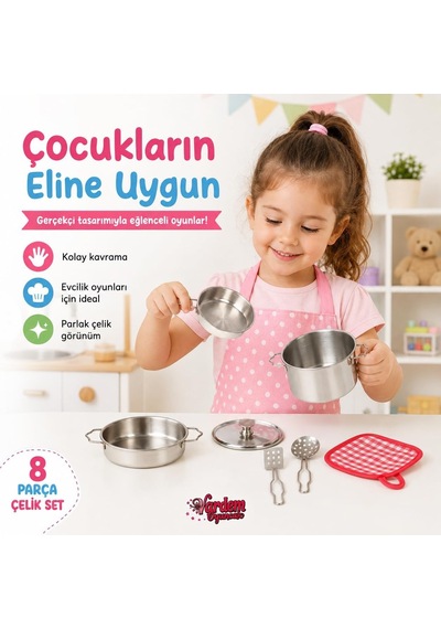 8 Parça Çelik Tencere Tava Seti, Çocuklar İçin Metal Mutfak Ve Evcilik Oyun Seti Atf-1818-3 Diğer